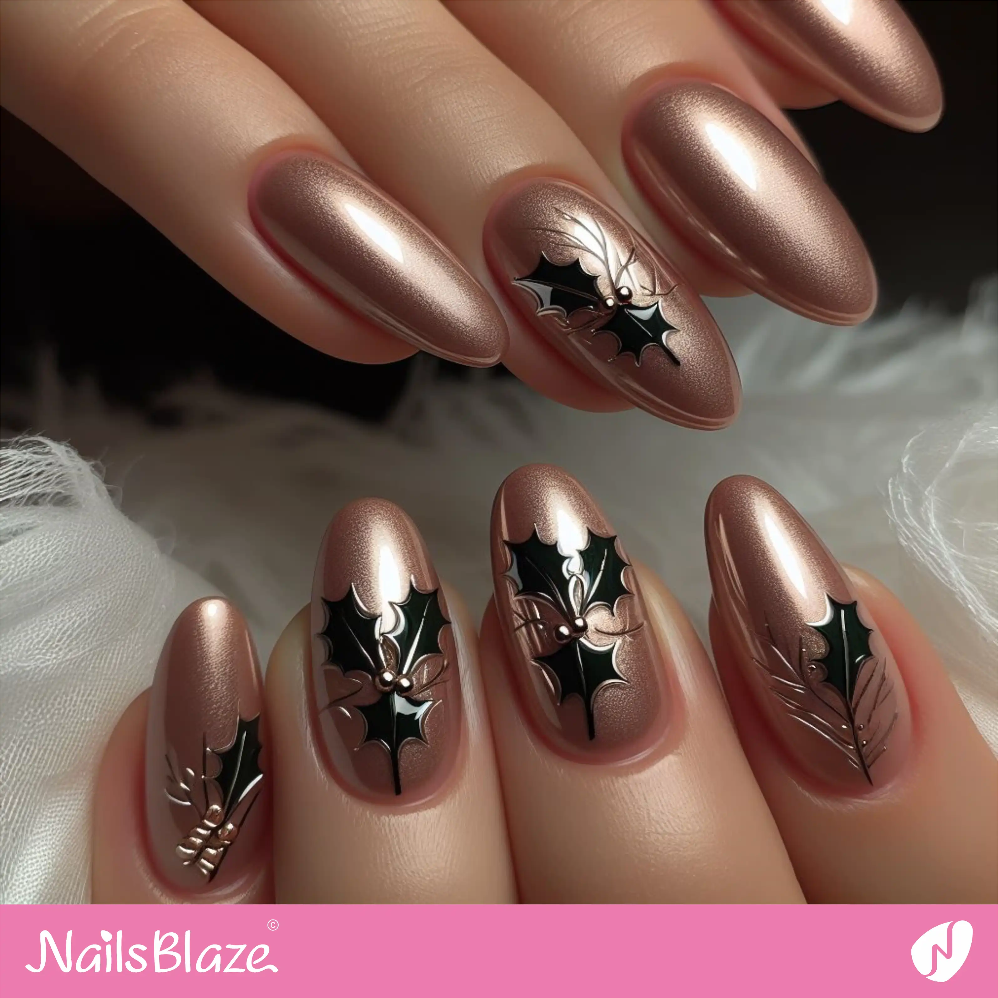 Rose Gold Color Nails with Holly Leaves | Nature-inspired Nails - NB1655